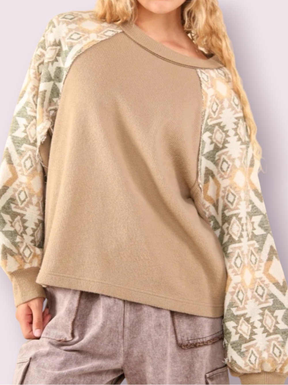 Very J Oversized Knit Top with Aztec Print Sleeves Brown Green Cream Size 1X